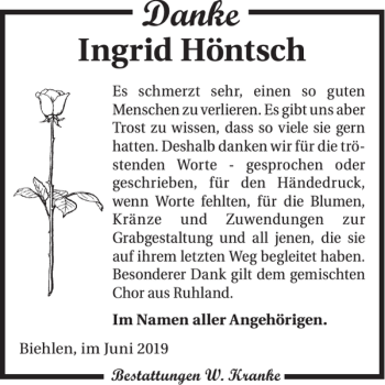 Traueranzeige von Ingrid Höntsch von WochenKurier