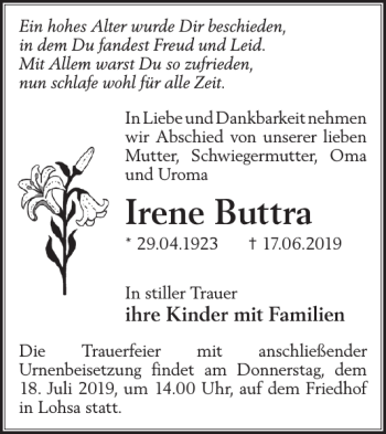 Traueranzeige von Irene Buttra von WochenKurier
