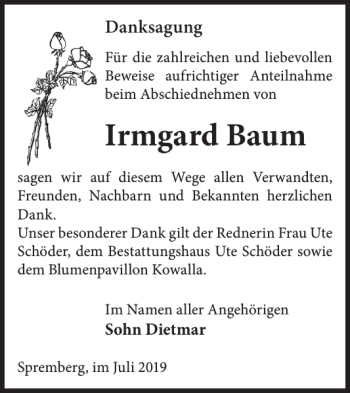 Traueranzeige von Irmgard Baum von WochenKurier