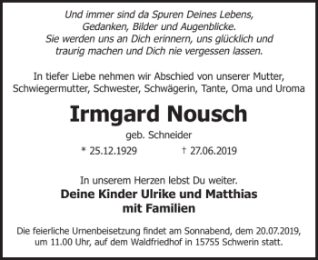 Traueranzeige von Irmgard Nousch von WochenKurier