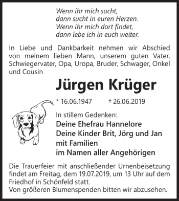 Traueranzeige von Jürgen Krüger von WochenKurier