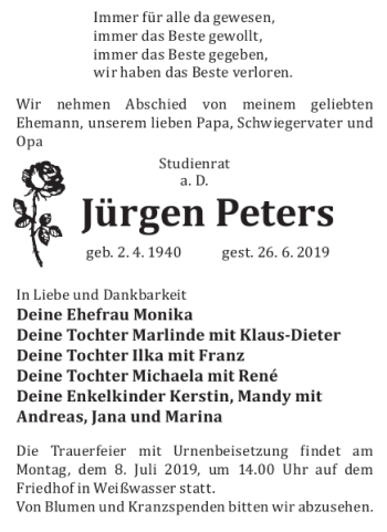 Traueranzeige von Jürgen Peters von WochenKurier