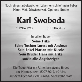 Traueranzeige von Karl Swoboda von WochenKurier