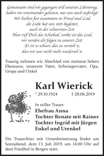 Traueranzeige von Karl Wierick von WochenKurier