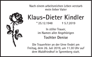 Traueranzeige von Klaus-Dieter Kindler von WochenKurier
