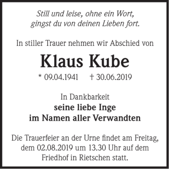 Traueranzeige von Klaus Kube von WochenKurier