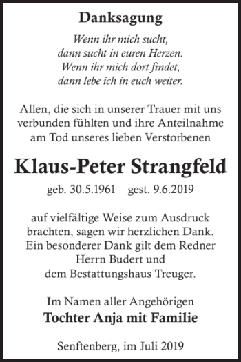 Traueranzeige von Klaus-Peter Strangfeld von WochenKurier