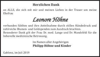 Traueranzeige von Leonore Höhne von WochenKurier