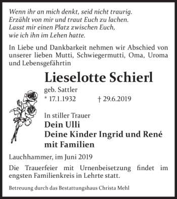 Traueranzeige von Lieselotte Schierl von Wochen Kurier