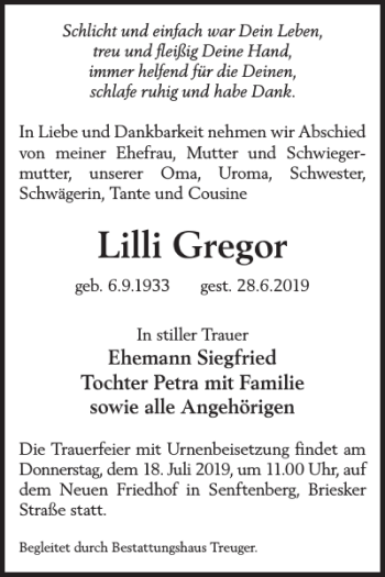 Traueranzeige von Lilli Gregor von WochenKurier