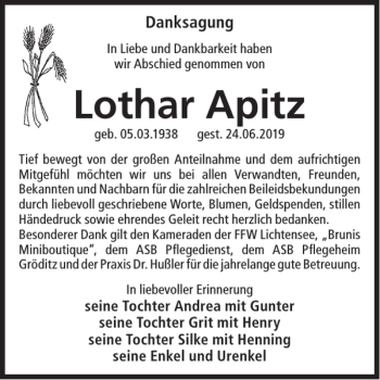 Traueranzeige von Lothar Apitz von WochenKurier