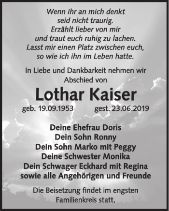 Traueranzeige von Lothar Kaiser von WochenKurier