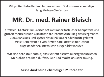 Traueranzeige von MR. Dr. med. Rainer Bleisch von WochenKurier