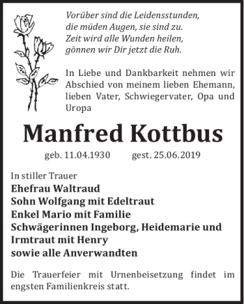 Traueranzeige von Manfred Kottbus von WochenKurier