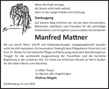 Traueranzeige von Manfred Mattner von WochenKurier