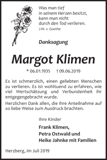Traueranzeige von Margot Klimen von WochenKurier