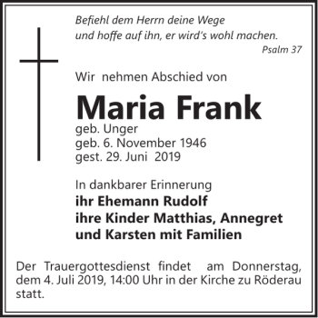 Traueranzeige von Maria Frank von WochenKurier