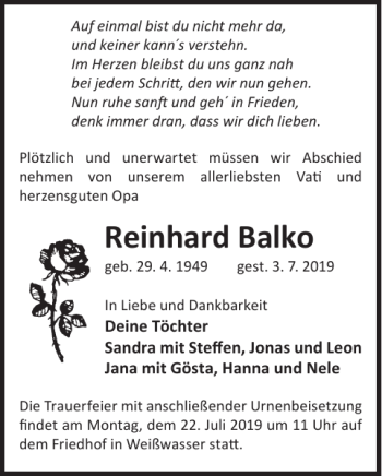 Traueranzeige von Reinhard Balko von WochenKurier