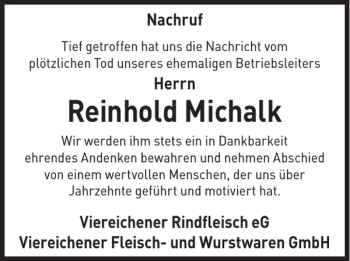 Traueranzeige von Reinhold Michalk von WochenKurier