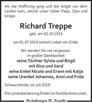 Traueranzeige von Richard Treppe von WochenKurier