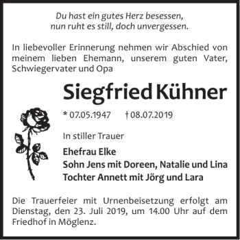 Traueranzeige von Siegfried Kühner von WochenKurier