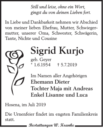 Traueranzeige von Sigrid Kurjo von WochenKurier