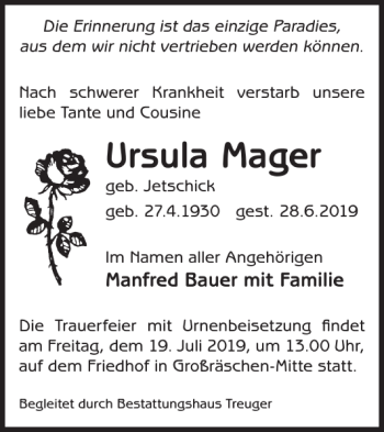 Traueranzeige von Ursula Mager von WochenKurier