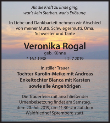 Traueranzeige von Veronika Rogal von WochenKurier