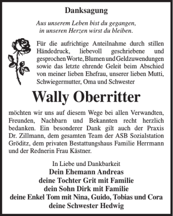 Traueranzeige von Wally Oberritter von WochenKurier
