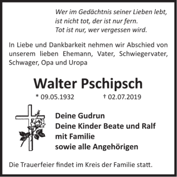 Traueranzeige von Walter Pschipsch von WochenKurier