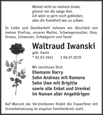 Traueranzeige von Waltraud Iwanski von WochenKurier