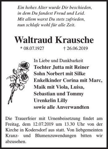 Traueranzeige von Waltraud Krausche von WochenKurier