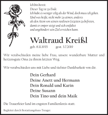 Traueranzeige von Waltraud Kreißl von WochenKurier