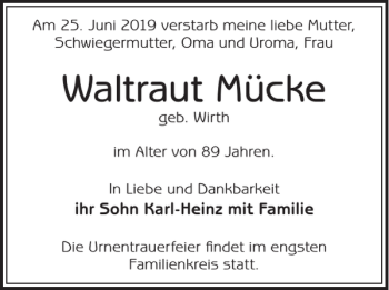 Traueranzeige von Waltraut Mücke von WochenKurier