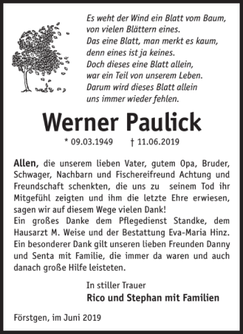 Traueranzeige von Werner Paulick von WochenKurier