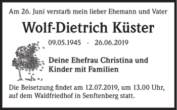 Traueranzeige von Wolf-Dietrich Küster von WochenKurier