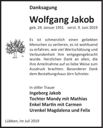 Traueranzeige von Wolfgang Jakob von WochenKurier