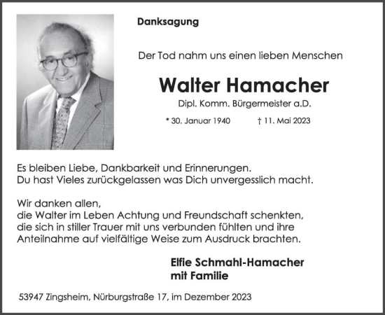 Traueranzeige von Walter Hamacher von WochenKurier