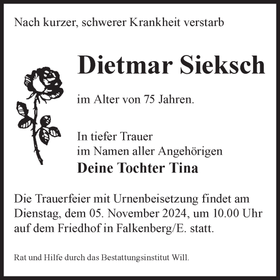 Traueranzeige von Dietmar Sieksch von WochenKurier