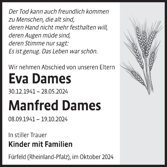 Traueranzeige von Eva und Manfred Dames von WochenKurier