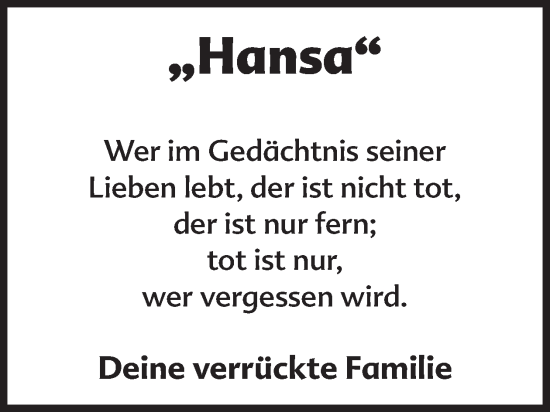 Traueranzeige von Hansa  von WochenKurier