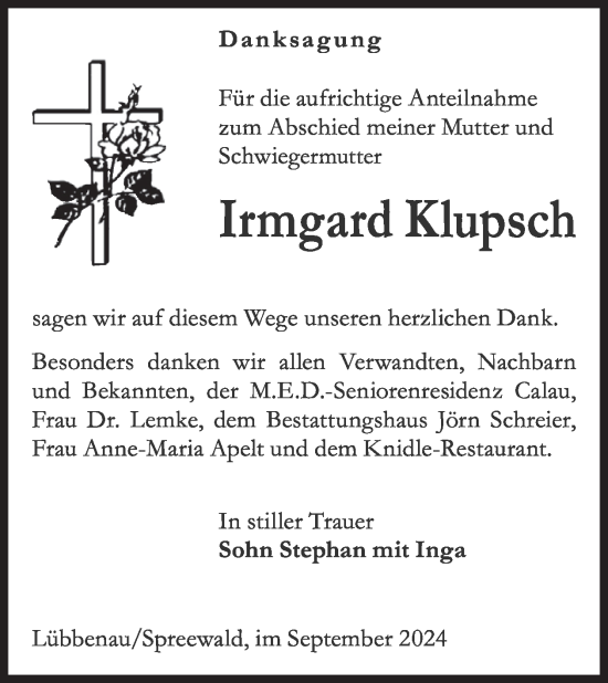 Traueranzeige von Irmgard Klupsch von WochenKurier