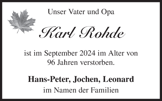 Traueranzeige von Karl Rohde von WochenKurier