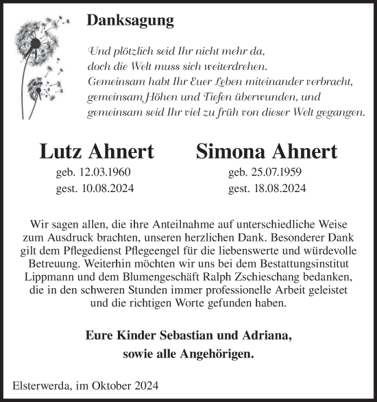 Traueranzeige von Lutz und Simona Ahnert von WochenKurier