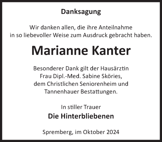 Traueranzeige von Marianne Kanter von WochenKurier