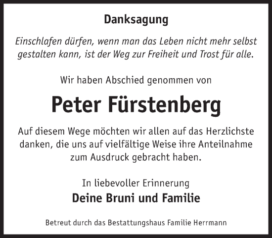 Traueranzeige von Peter Fürstenberg von WochenKurier