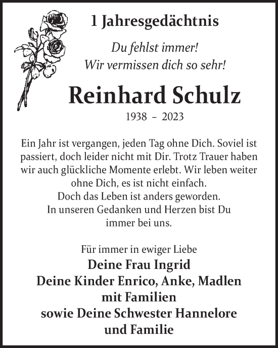 Traueranzeige von Reinhard Schulz von WochenKurier