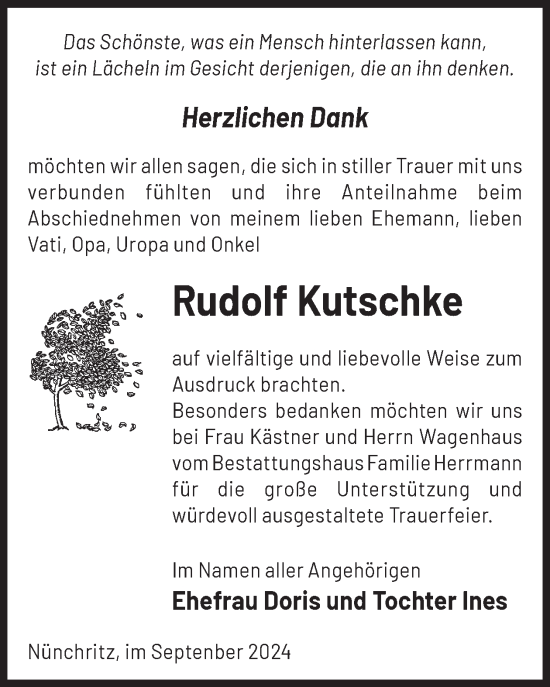 Traueranzeige von Rudolf Kutschke von WochenKurier