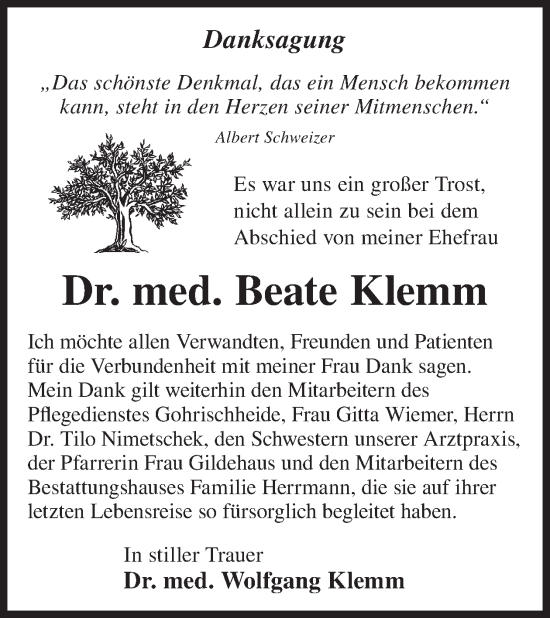 Traueranzeige von Beate Klemm von WochenKurier