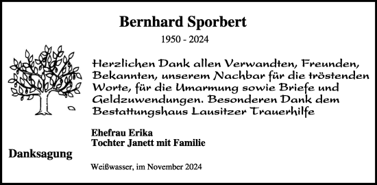 Traueranzeige von Bernhard Sporbert von WochenKurier